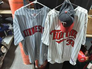 lot 47 image: 2-MN Twins Jerseys- #57 Santana Size XL, #33 Morneau Size 50, SmallMedium Fitted Cap