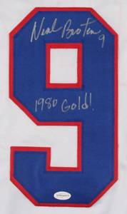 Neal Broten Signed Team USA White Jersey Inscribed 1980 Gold