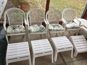 lot 5 image: Four Padded Resin Chairs w Foot Stools