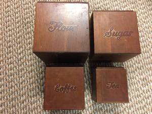 lot 105 image: Flour, Sugar, Coffee and Tea Canisters  & Six Bottle Wine Rack