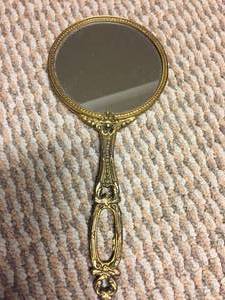 lot 350 image: Ornate Wall Mirror, Hand Mirror and Metal  Glass Shelf