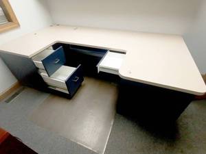 Blue 96x50 office desk with 2 drawers, Keyboard drawer, and accessory drawer