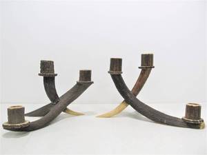 lot 19 image: Matching Pair of Genuine Deer Antler Candlesticks
