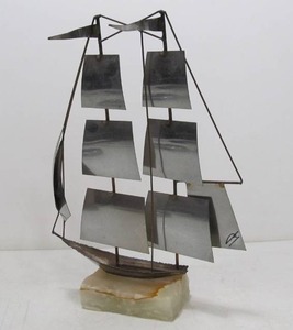 lot 23 image: Signed Vintage SailboatClipper Ship Metal Sculpture on Marble Base