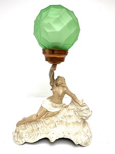 lot 58 image: Orig 1930s Figural Cast Metal Lamp wGreat Geometric Czechoslovakian Green Globe