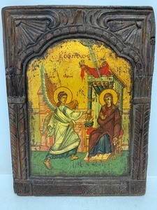lot 50 image: Old Vintage Hand Painted Carved Wood Russian Icon Artwork