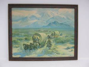 lot 86 image: Vintage 1920s Fred Grayson Sayre Western Framed Print - Wagon Train