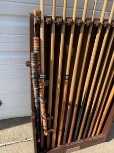 lot 104 image: Vintage BRUNSWICK Billiard Rack wPool Cues & Wood Scoring Beads