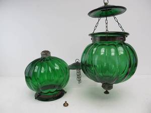 lot 94 image: Pair of Vintage Green Hanging Glass Globes