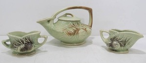 lot 137 image: Signed Vintage McCoy Pine Cone Teapot wCreamer & Sugar Set