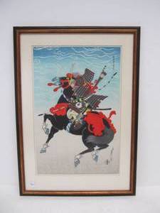lot 113 image: Framed Vintage Japanese Woodblock Print - Warrior on Horseback by Hasegawa