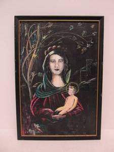 lot 114 image: Orig 1930s Era Folk Art Painting on Board - Our Lady of Divine Grace