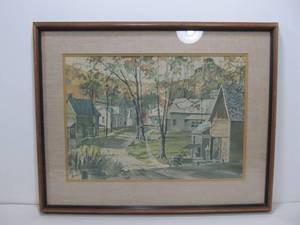lot 276 image: Vintage Old Town Scene Watercolor Print Signed HAGEMAN