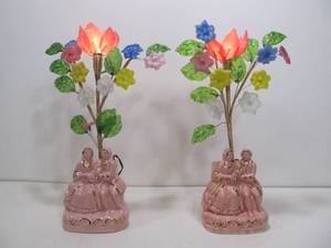 lot 250 image: Vintage 1950s Pink Ceramic Desk Lamps wGlass Flowers