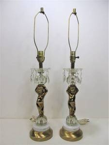 lot 311 image: Vintage Brass & Italian Marble Cherup Table Lamps wPrisms