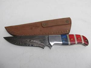 lot 123 image: Excellent Custom Made Inlaid Fixed Blade Damascus Steel Knife wSheath