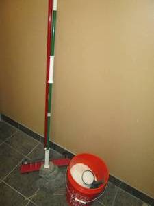 Push Broom, Mop, & Partial Bucket o...