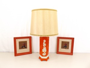 1960s Asian Decor Lamp and Framed Copper Plate Lot