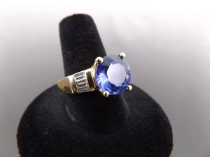 14k Yellow Gold 3ct Round Tanzenite Diamond Baguette Ring Size 7.25