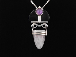 .925 Sterling Silver Amethyst and Onyx Tribal Pendant Necklace