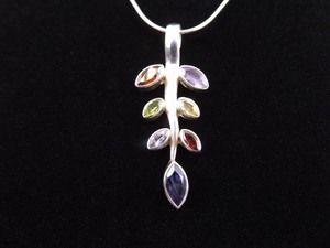 .925 Sterling Silver Multi Colored Stone Leaf Pendant Necklace