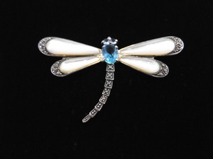 .925 Sterling Silver Art Nouveau Topaz and Mother of Pearl Dragonfly Brooch