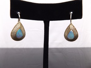 .925 Sterling Silver Opal Pear Cut Cabochon Hook Clamp Vermeil Earrings