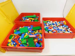 lot 22 image: Collectible Legos - 3 Red & Yellow Plastic Containers