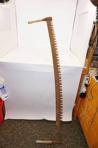 lot 148 image: Vintage 2 Man Logging Lumberjack Crosscut Saw 71 Blade with Wood Handles