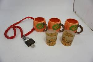 lot 200 image: 3 Ceramic Pumpkin Mugs, 2 Glass Pumpkin Candle Holders, Red Chain with Lock and Key