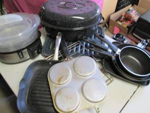 Tote of Cookware- Large Roaster, St...