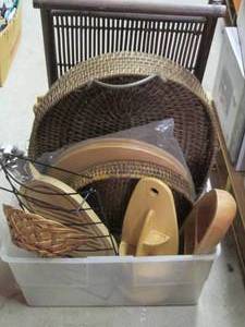 Tote of Wicker Serving Trays & Wood...
