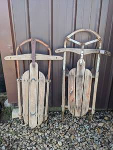 lot 204 image: Pair of Vintage Wood Sleds with Metal Runners
