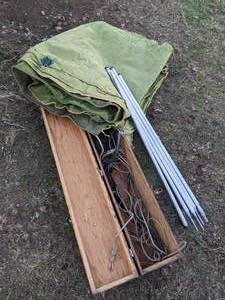 lot 229 image: Heavy Duty 8 x 12 Vintage Canvas Tarp with Poles and Wood Carrying Case