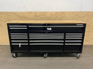 lot 8 image: HUSKY 72 in. W 18-Drawer, Deep Tool Chest Mobile Workbench in Gloss Black with Hardwood Top