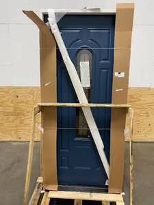 lot 51 image: MASONITE 36 in. x 80 in. Providence Center Arch Night Tide Right-Hand Inswing Painted Steel Prehung Front Door with Brickmold (damaged)