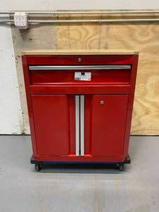 lot 64 image: HUSKY 28 in. W x 33 in. H x 18 in. D 1-Drawer 2-Door Steel Garage Base Cabinet in Red