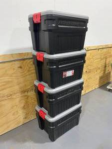 lot 93 image: RUBBERMAID Lot of 4- 24 Gal. Action Packer Storage Boxes