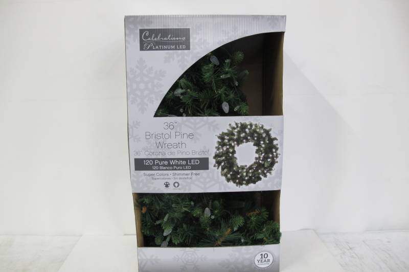 lot 21 image: Celebrations 4723158-CC618AC Prelit LED Decorated Christmas Wreath, 36, Pure White