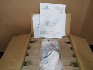 lot 36 image: Decorative White 80 CFM Ceiling Mount Bluetooth Stereo Speaker Bathroom Exhaust Fan with LED Light by Home Netwerks- never used