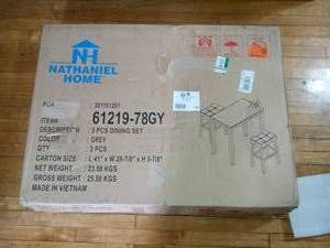 lot 55 image: 3-Piece Gray Solid Wood Round Dining Set with Brown Color Seats- open box never used