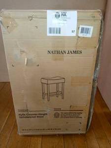 lot 97 image: Hylie 24 in. Gray Fabric Cushion White Finish Nailhead Wood Pub-Height Counter Bar Stool by Nathan James - open box never used