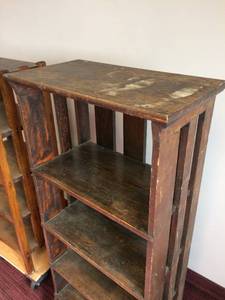 lot 21 image: LOVE THESE  2 ANTIQUE WOOD SHELVING UNITS - DOLLY NOT INCLUDED