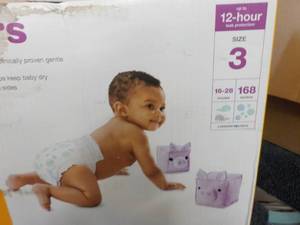 lot 122 image: Box of 168 - 16- 28 lbs. Diapers...