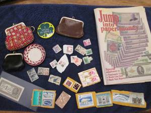 Stamps, coin holders, Dinar, misc....