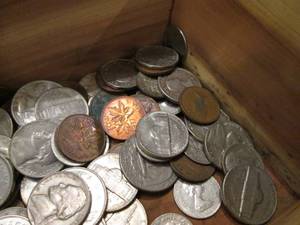 Wood box with assorted coins, some ...