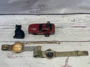 lot 10 image: Vintage Black Cat Tape Measure, 80s Schaper Firebird, Bracelet, Watches