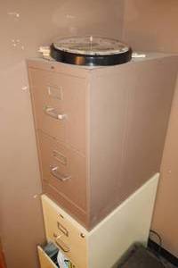 lot 142 image: 2 Metal Filing Cabinets & Clock