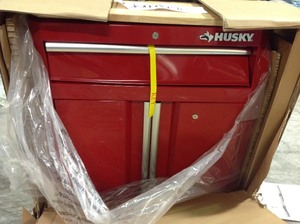 lot 111 image: Husky 28 in 1 Drawer 2 door steel garage base cabinet red not used