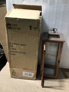 lot 31 image: 22 in. Rustic Wood Outdoor Patio Lantern with Metal Top by Hampton Bay in good condition  